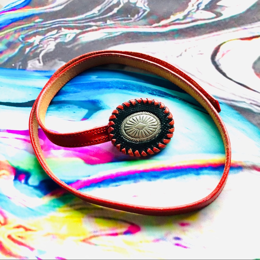 Vintage Boho Concho Belt Red Black Leather S